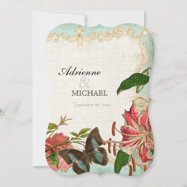 Vintage Stargazer Lily Rose Butterfly n Hydrangea Invitation (Back)