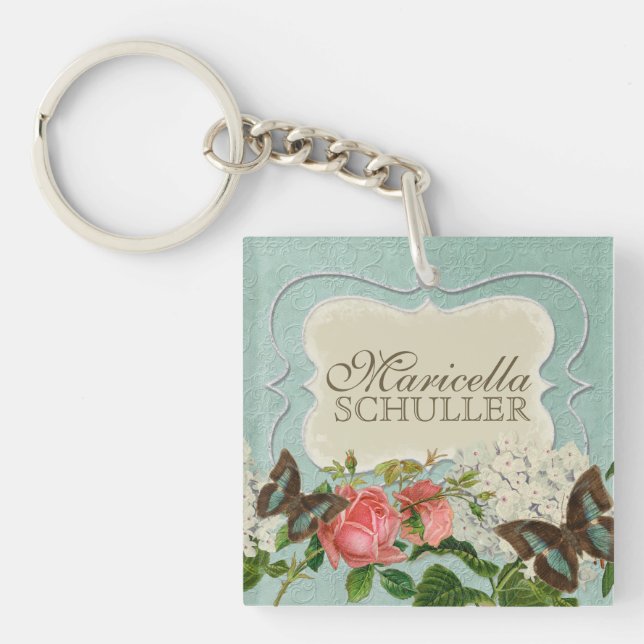 Vintage Stargazer Lily Rose Butterfly n Hydrangea Keychain (Front)