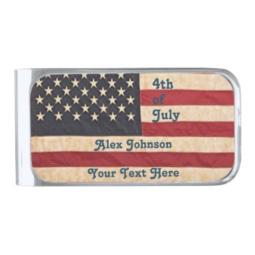 Vintage Stars and Stripes Weathered American Flag Silver Finish Money Clip
