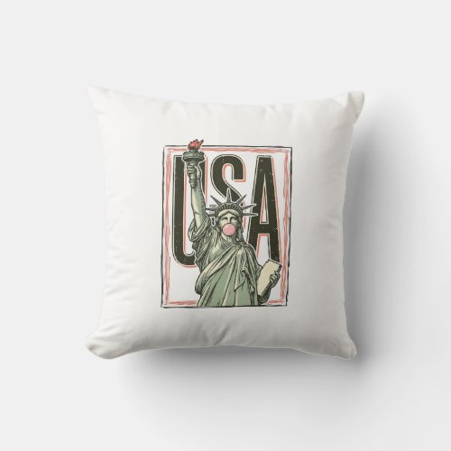 Vintage Statue of Liberty Bubblegum Graphic Tee_1 Throw Pillow