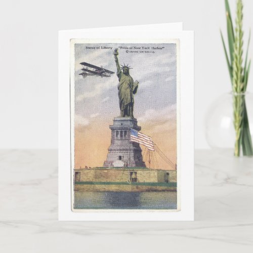 Vintage Statue of Liberty PC w Biplane and Flag Card