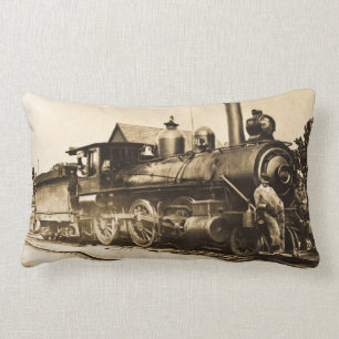 Vintage Steam Engine and Train Crew Railroad Lumbar Pillow