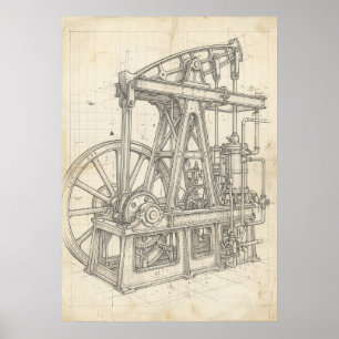 Vintage Steam Engine Blueprint Art Poster