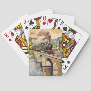 Vintage Steam Engine crossing Bridge painting Poker Cards