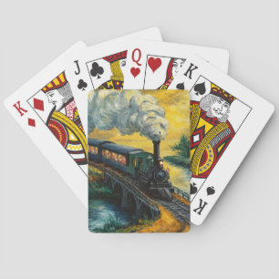 Vintage Steam Engine crossing Bridge painting Poker Cards