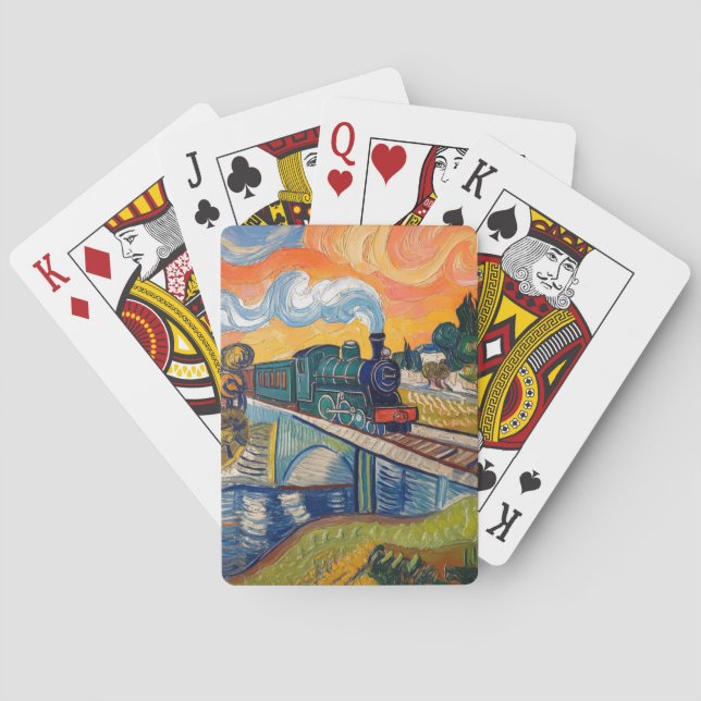 Vintage Steam Engine crossing Bridge painting Poker Cards (Back)