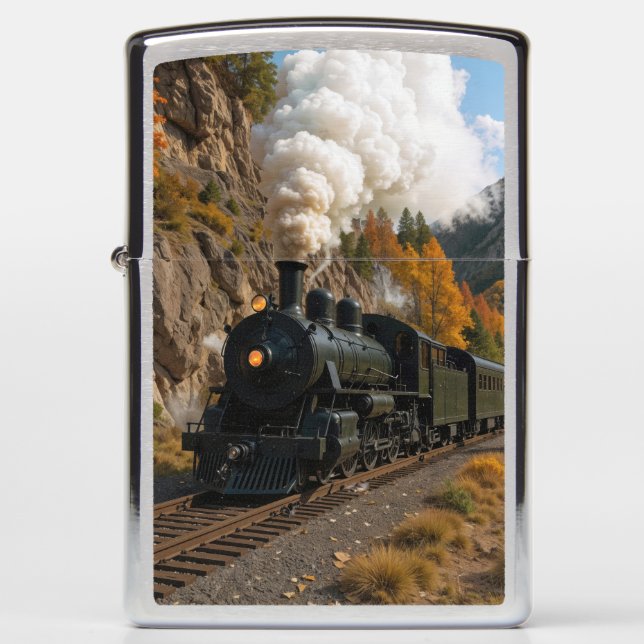 Vintage Steam Engine In an Autumn Mountain Valley Zippo Lighter (Front)