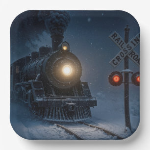 Vintage Steam Engine Locomotive In Winter Paper Plates