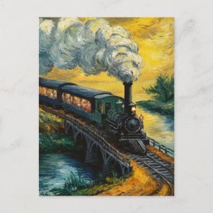 Vintage Steam Engine Train oil Painting Postcard