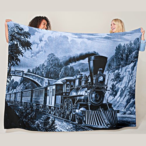 Vintage Steam Engine Train Railroad Railway Blue Fleece Blanket