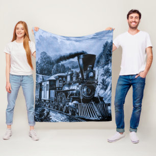 Vintage Steam Engine Train Railroad Railway Blue Fleece Blanket