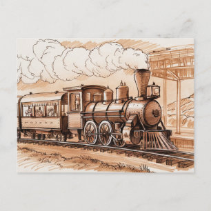 Vintage Steam Engine Train Sketch Postcard