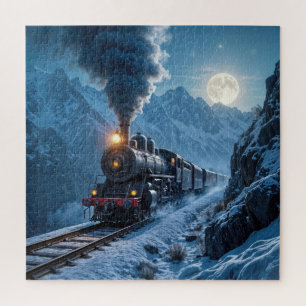 Vintage Steam Locomotive In Moonlight Jigsaw Puzzle