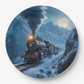 Vintage Steam Locomotive In Moonlight Paper Plates