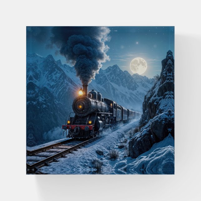 Vintage Steam Locomotive In Moonlight Paperweight (Front)