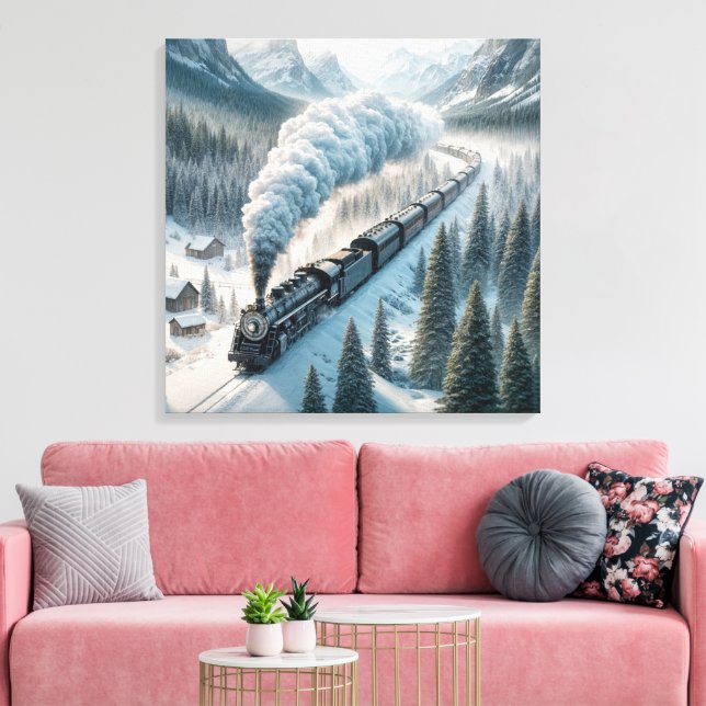 Vintage Steam Locomotive In Snowy Valley Canvas Print (Insitu(LivingRoom))