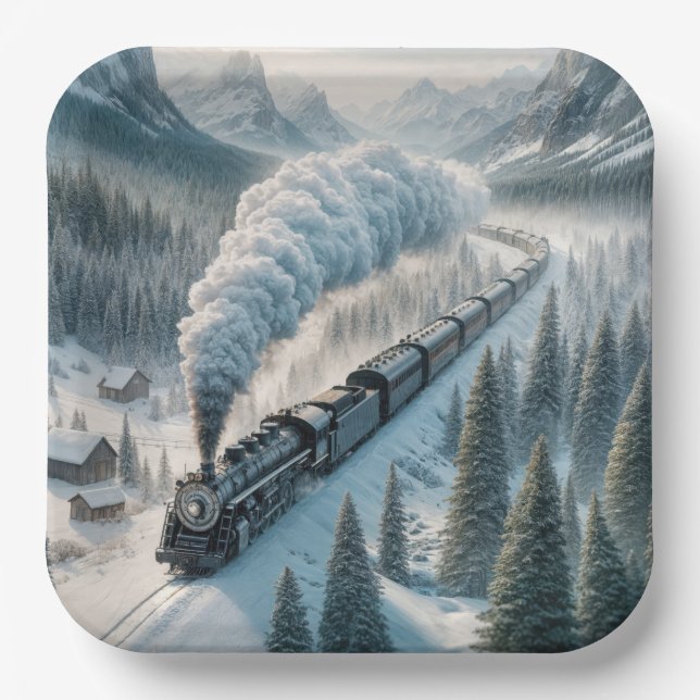 Vintage Steam Locomotive In Snowy Valley Paper Plates (Front)