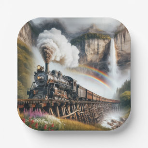 Vintage Steam Locomotive On a Train Trestle Paper Plates