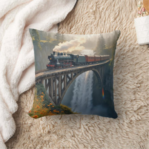 Vintage Steam Locomotive On a Train Trestle Throw Pillow