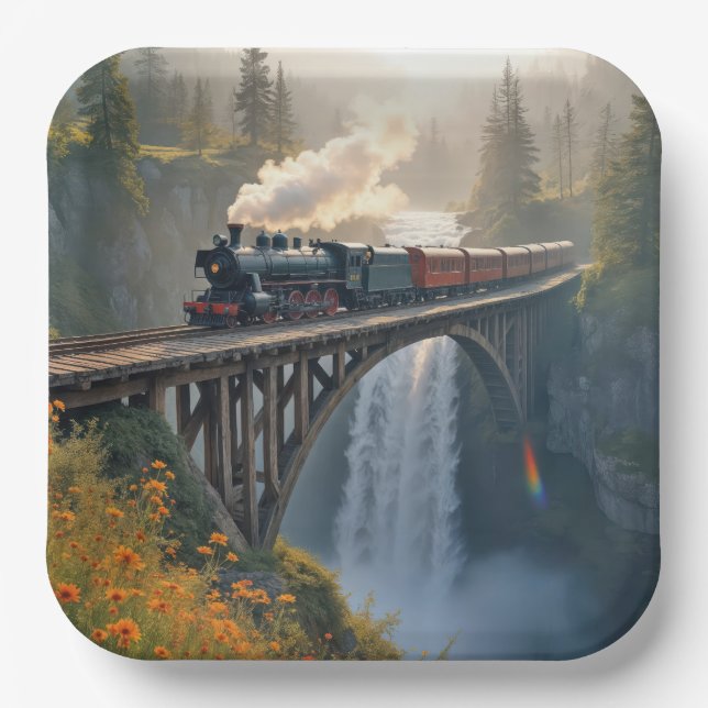 Vintage Steam Locomotive On a Trestle Paper Plates (Front)