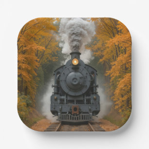 Vintage Steam Locomotive Train In Autumn Woods Paper Plates