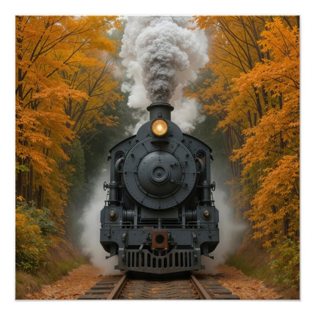 Vintage Steam Locomotive Train In Autumn Woods Poster (Front)