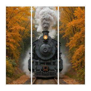 Vintage Steam Locomotive Train In Autumn Woods Triptych