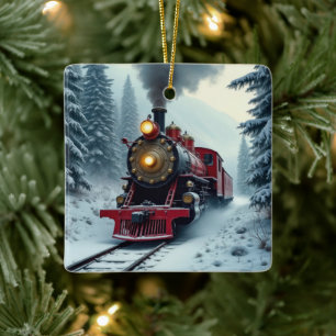 Vintage Steam Locomotive Train In Winter Woods Ceramic Ornament