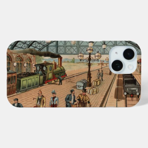 Vintage Steam train and station scene iPhone 15 Case