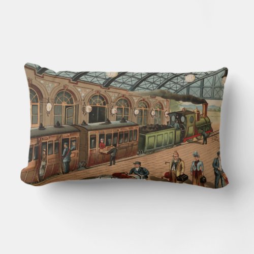 Vintage Steam train and station scene Lumbar Pillow