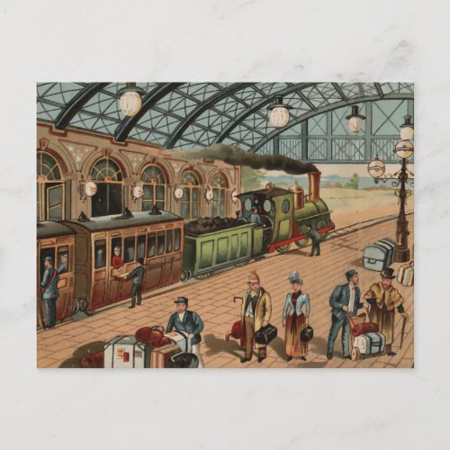 Vintage Steam train and station scene Postcard