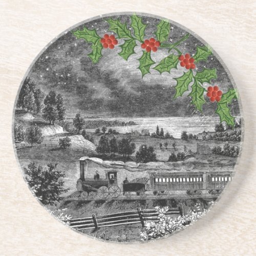 Vintage Steam Train Drawing Holly Coaster