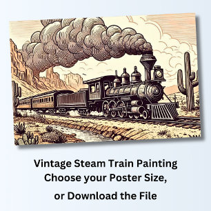 Vintage Steam Train Drawing Poster