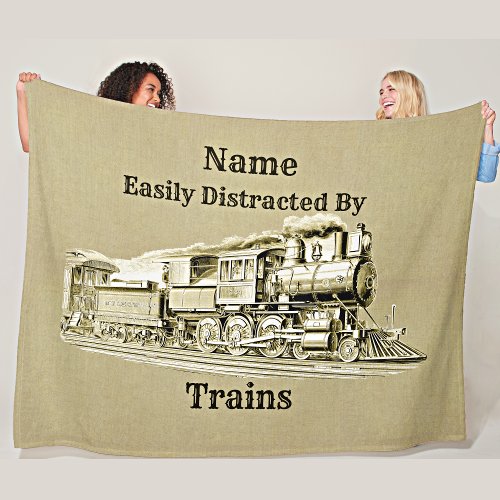 Vintage Steam Train Easily Distracted By Add Name Fleece Blanket