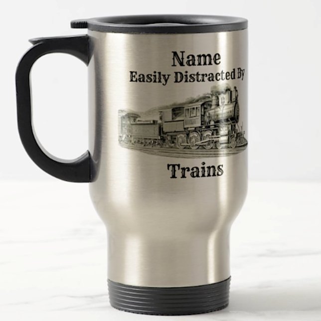 Vintage Steam Train Easily Distracted By, Add Name Travel Mug (Creator Uploaded)