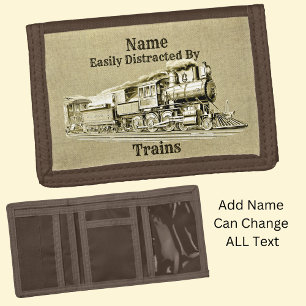 Vintage Steam Train Easily Distracted By, Add Name Tri-fold Wallet