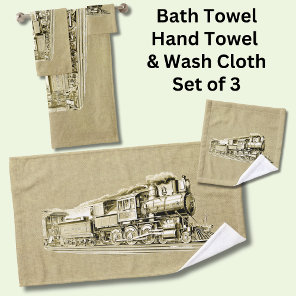 Vintage Steam Train Engine Locomotive Drawing Bath Towel Set
