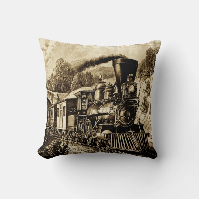 Vintage Steam Train Engine Locomotive Throw Pillow (Front)