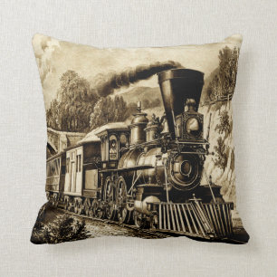 Vintage Steam Train Engine Locomotive Throw Pillow