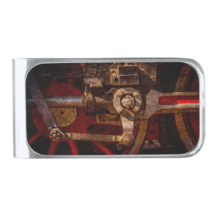 Vintage steam train gear silver finish money clip