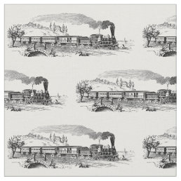 Vintage Steam Train Illustration Pattern Fabric