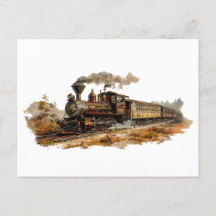 Vintage steam train landscape illustration postcard