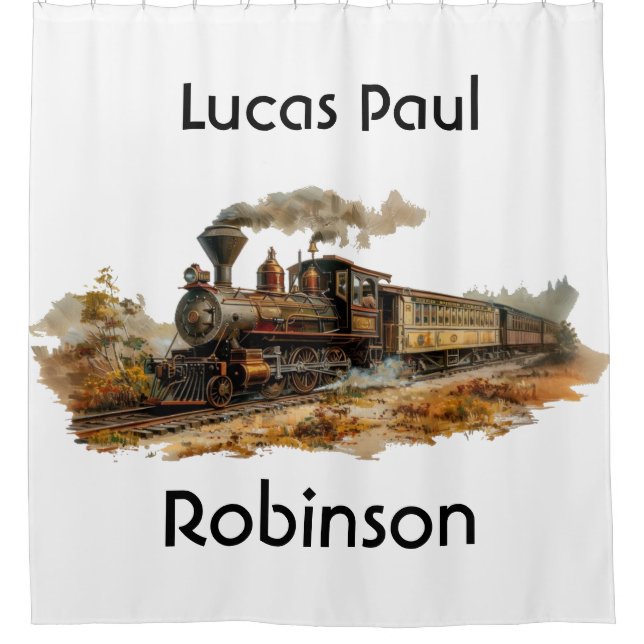 Vintage steam train landscape illustration  shower curtain (Front)