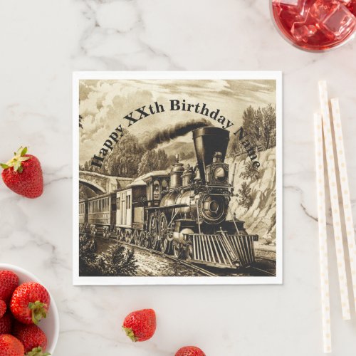 Vintage Steam Train Mans Birthday Party Napkins