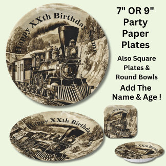 Vintage Steam Train Man's Birthday Party Paper Pla Paper Plates