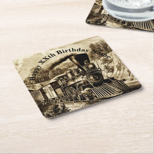 Vintage Steam Train Mans Birthday Party  Square Paper Coaster