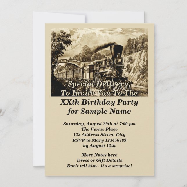 Vintage Steam Train Man's Men's Birthday Party Invitation (Front)