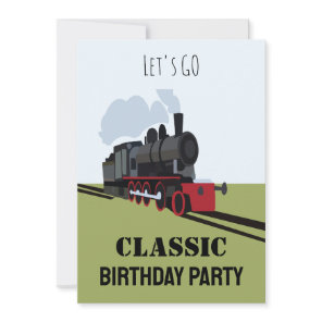 Vintage Steam Train on Railroad Track Art Birthday Invitation