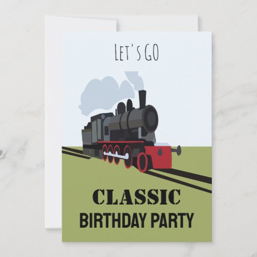 Vintage Steam Train on Railroad Track Art Birthday Invitation