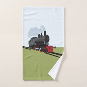 Vintage Steam Train on Railroad Track Art Hand Towel